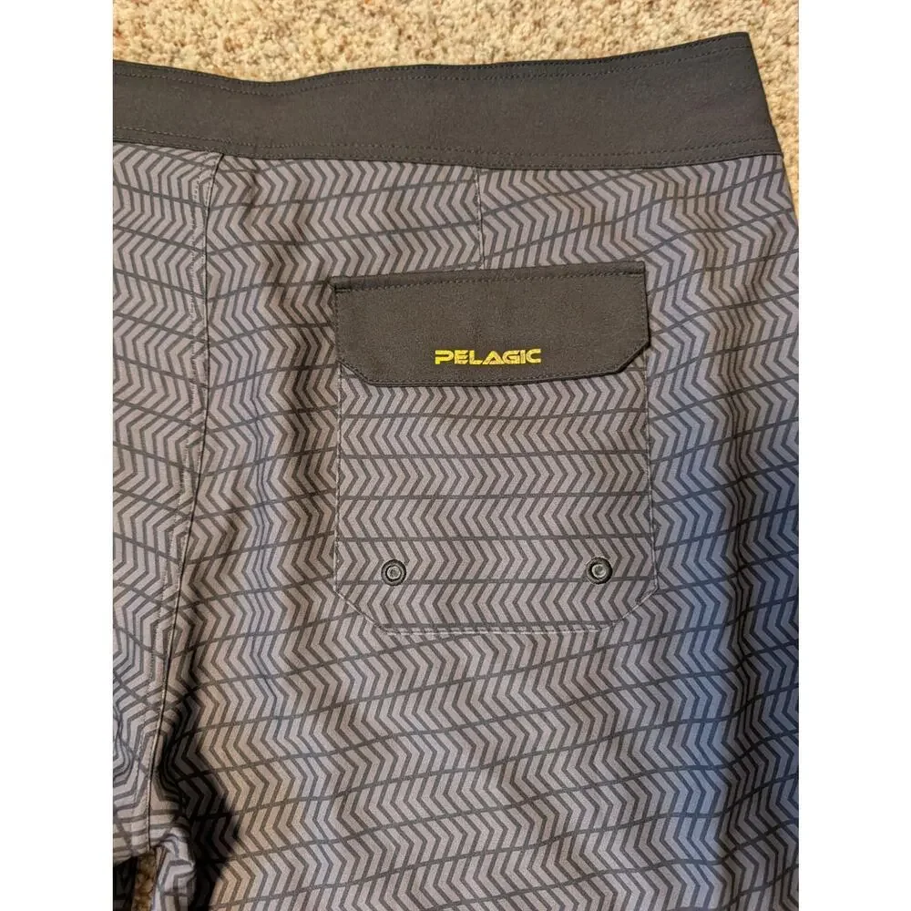 PELAGIC Ridgemont Mens 40;  Swim/board shorts, black/gray; Fishing, yellow trim